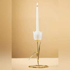 Anthropologie Tulip Floral Gold Brass Taper Candle Holder NWT
